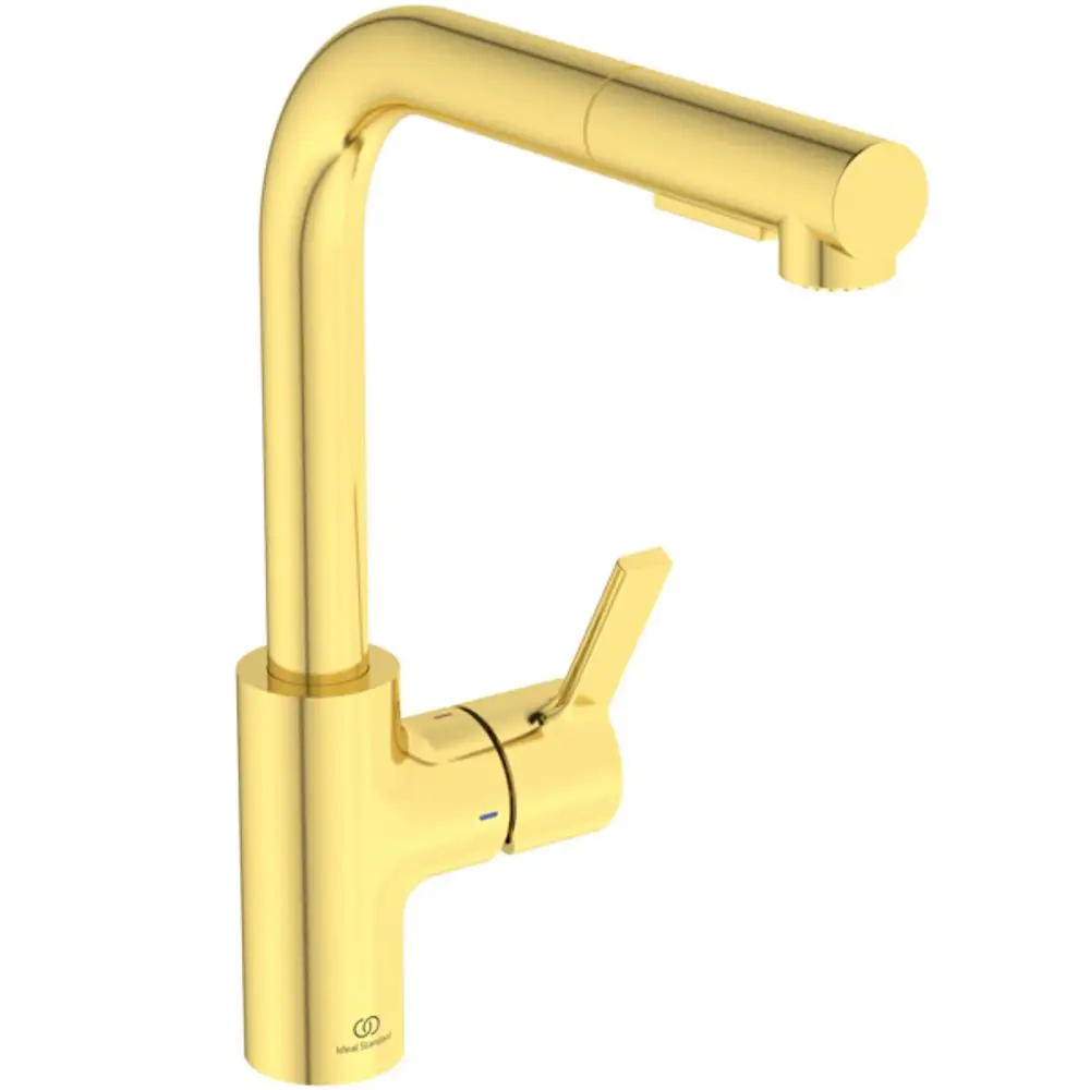 Goldfarbene Küchenarmatur mit L-Auslauf und Brause von Ideal Standard. Die Armatur hat einen schwenkbaren Auslauf und einen Hebel zur Temperaturregelung.